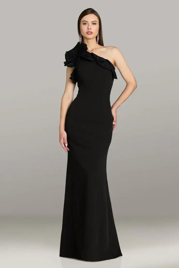 model is wearing a black sheath one shoulder mother of the bride gown