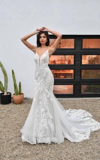 Essense of Australia Sale D3249 #0 default (IVRM-PL) Ivory Lace & Tulle over Rum Gown with Porcelain Tulle Plunge thumbnail