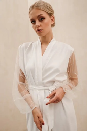 Heirloom Bridal Pearl Sleeve Bridal Robe (short) #2 Ivory thumbnail
