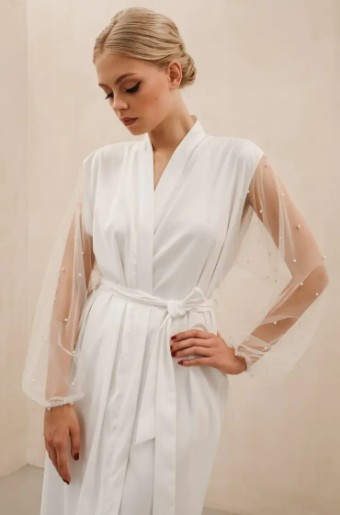 Heirloom Bridal Pearl Sleeve Bridal Robe (short) #4 Ivory thumbnail