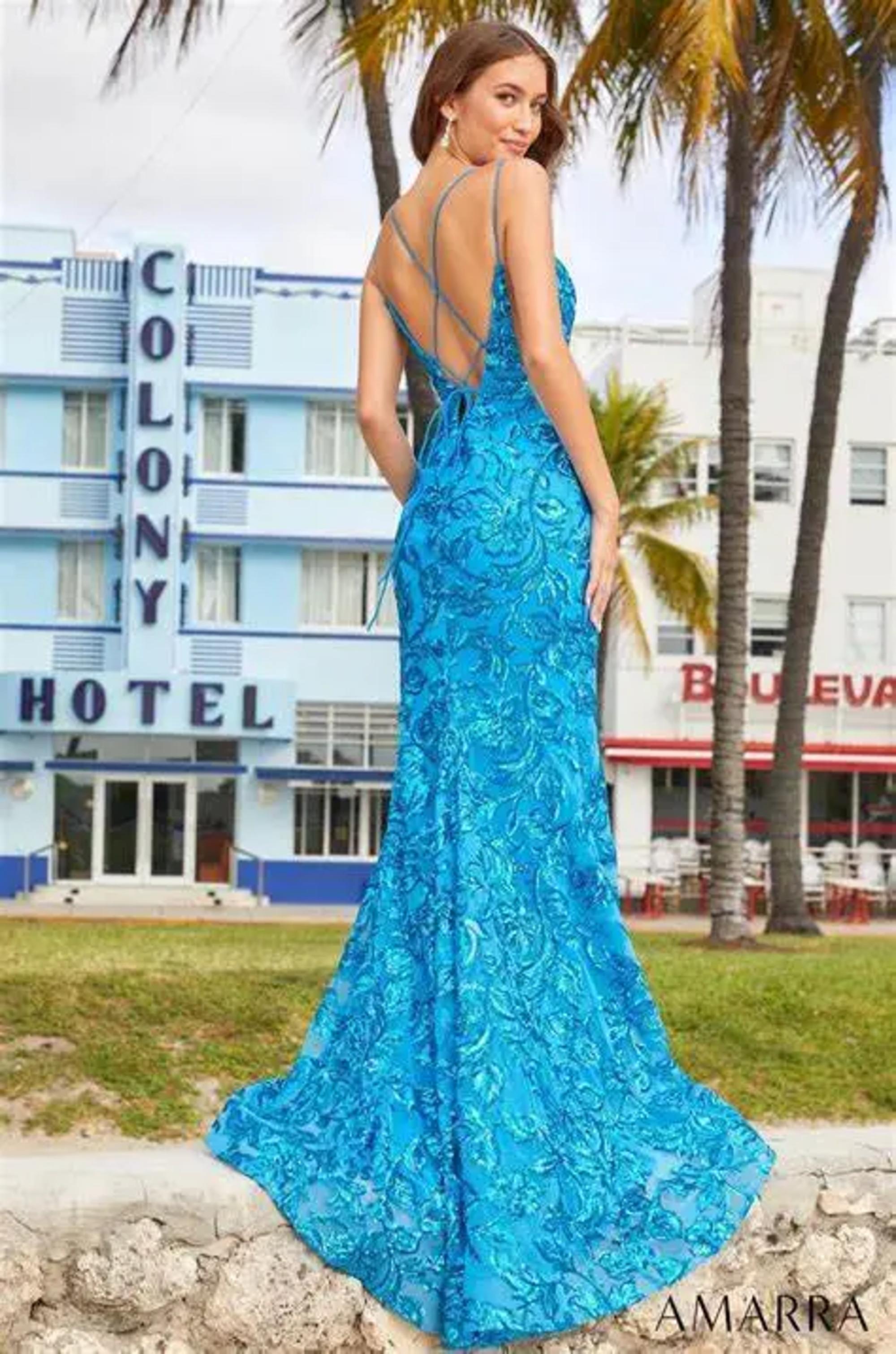 Amarra 88554 Long Prom Dress Fitted Sequin Backless Corset V Neck